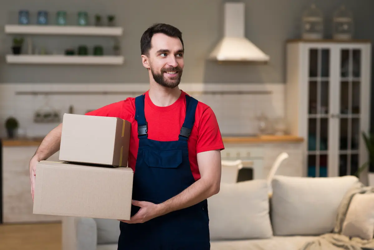 Villa movers in Dubai carrying boxes for a home relocation