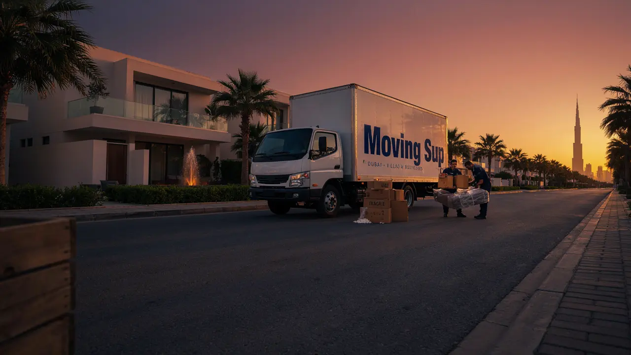 Professional movers packing furniture for a Dubai relocation